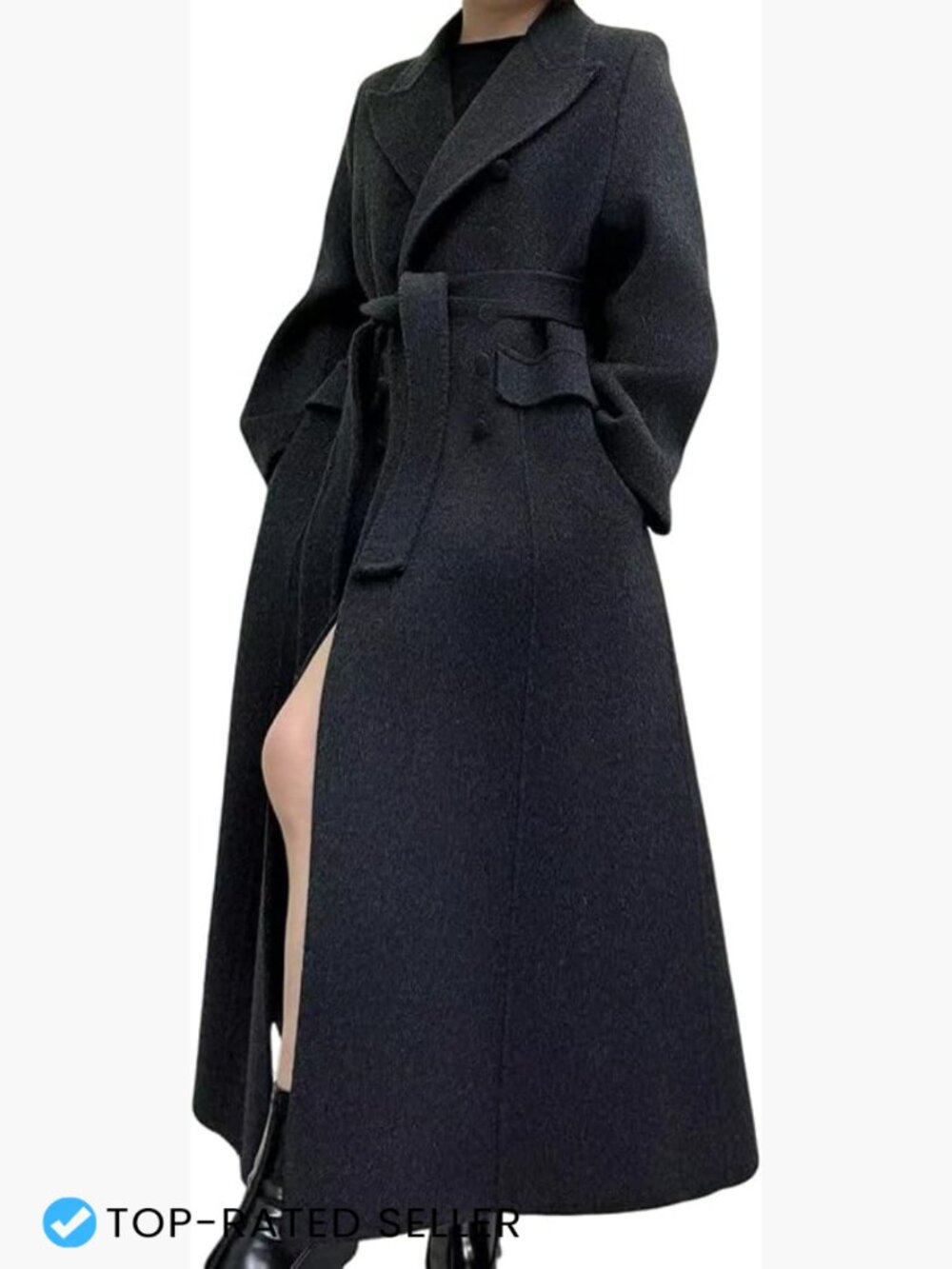 Long Wool Blend Pea Coat Tailored Lapel Double Breasted Belted Winter Overcoat